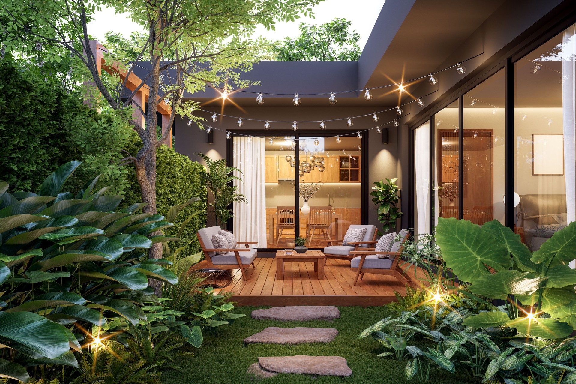 Petite terrasse en bois de style contemporain moderne dans un jardin luxuriant avec un fond intérieur de maison rendu 3d