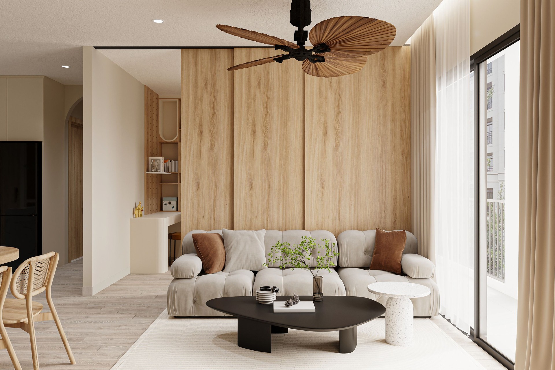 Intérieur de salon moderne avec canapé blanc sur fond de bois
