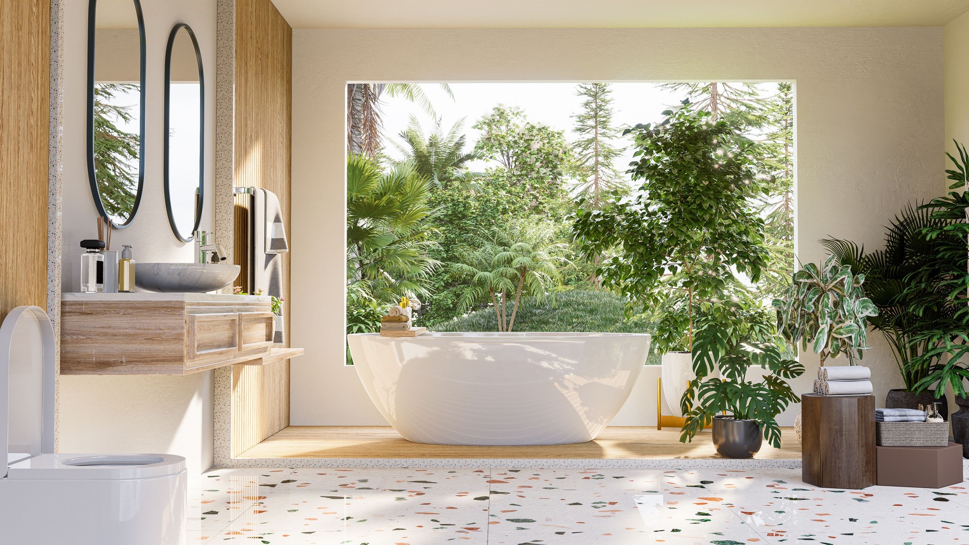 Design intérieur de salle de bain moderne sur mur blanc.